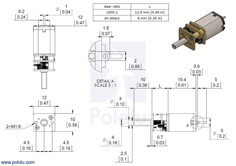3080 - 1000:1 Micro Metal Gearmotor HPCB with Extended Motor Shaft