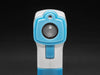 Blue and white temperature scanner standing upright on the handle
