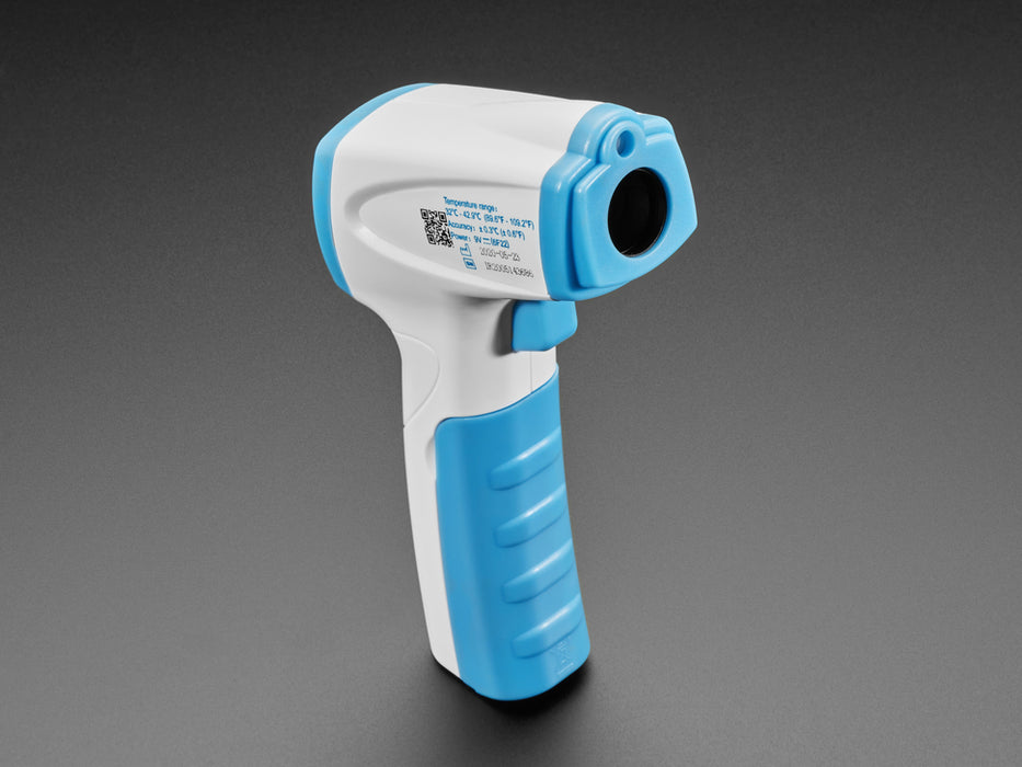 Blue and white temperature scanner standing upright on the handle