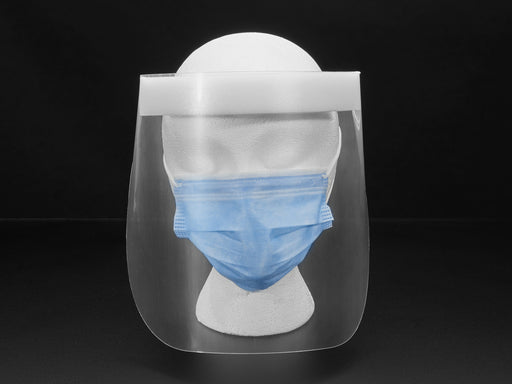 Head on shot of the face shield on a mannequin head. Shield starts at the forehead and ends below the chine