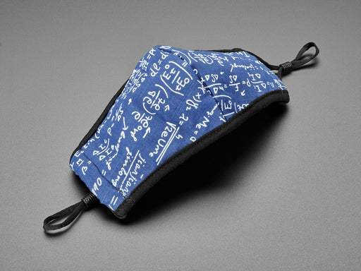 Blue cloth face mask with math equations written in white shown on a mannequin