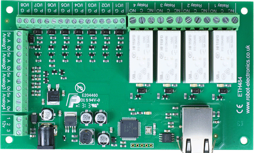 ETH484 - 4 Relays at 16A, 8 Digital IO and 4 Analogue Inputs