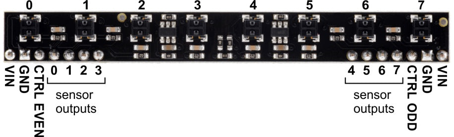 8-Channel QTRX Sensor Array for Romi/TI-RSLK MAX (Through-Hole Pins Soldered)