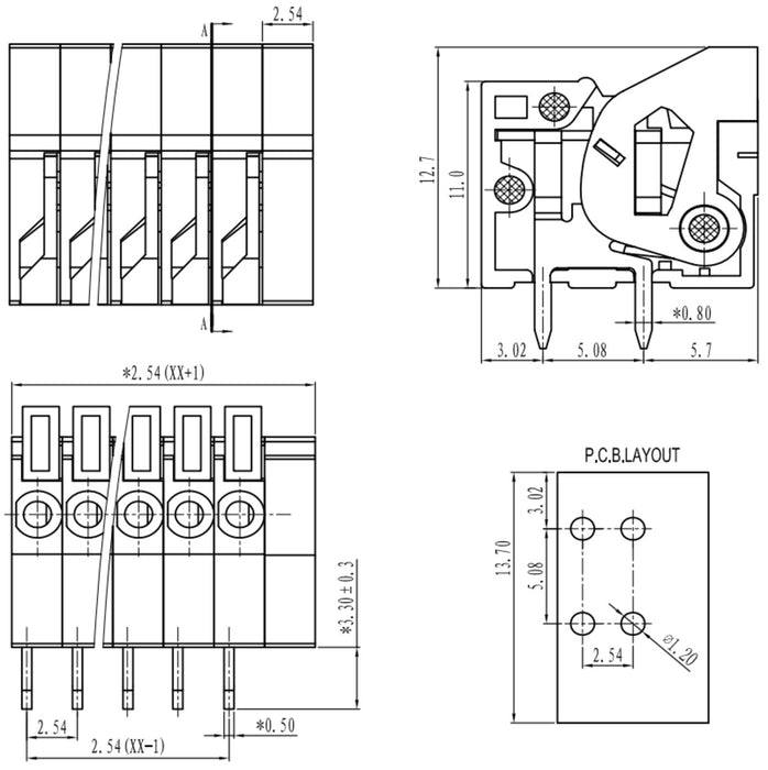 Screwless Terminal Block: 5-Pin, 0.1″ Pitch, Top Entry (2-Pack)