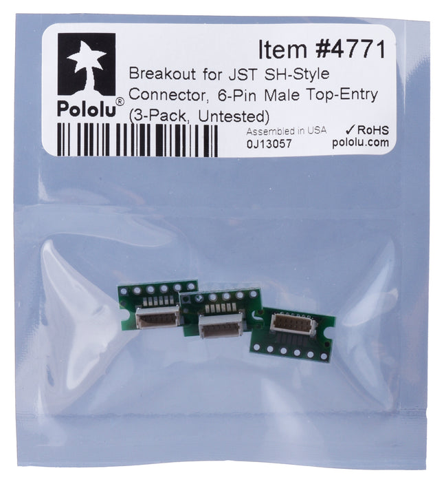 Breakout for JST SH-Style Connector, 6-Pin Male Top-Entry (3-Pack, Untested)