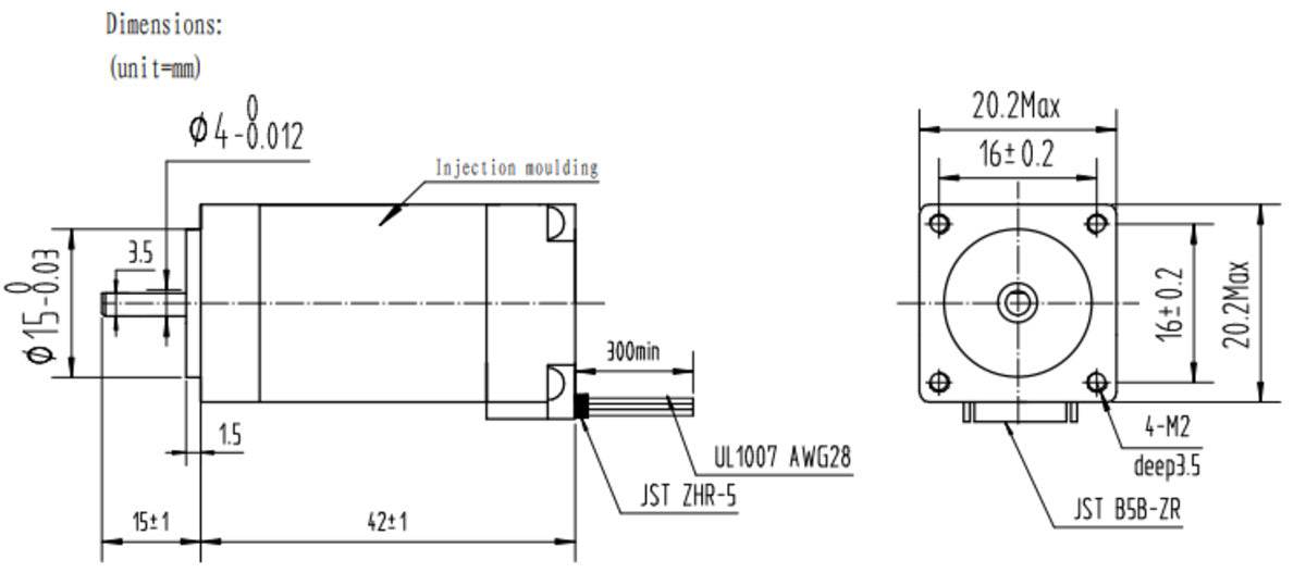 Stepper Motor: Bipolar, 200 Steps/Rev, 20×42mm, 4.3V, 0.8 A/Phase