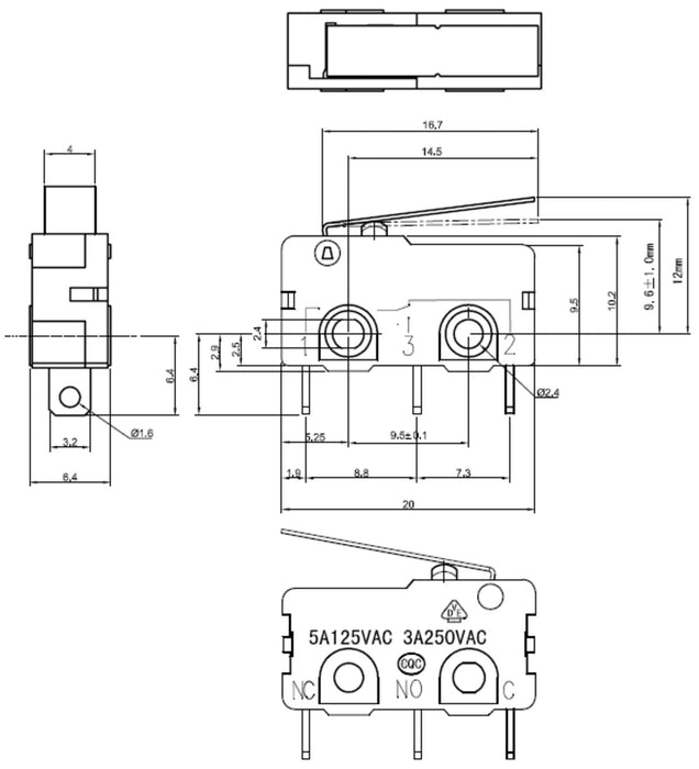 Snap-Action Switch with 16.7mm Lever: 3-Pin, SPDT, 5A