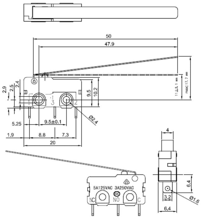 Snap-Action Switch with 50mm Lever: 3-Pin, SPDT, 5A