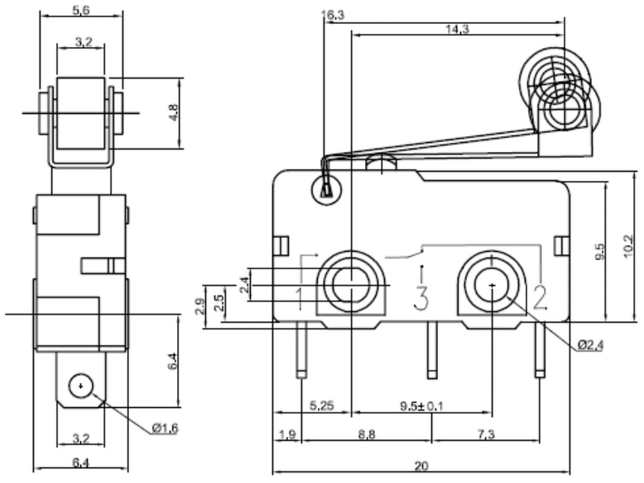 Snap-Action Switch with 16.3mm Roller Lever: 3-Pin, SPDT, 5A