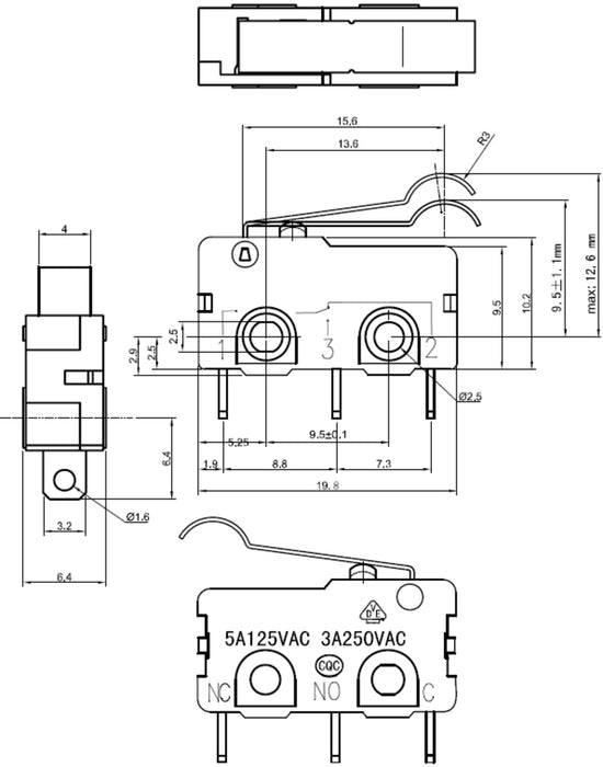 Snap-Action Switch with 15.6mm Bump Lever: 3-Pin, SPDT, 5A