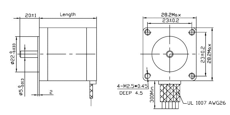 Stepper Motor: Bipolar, 200 Steps/Rev, 28×45mm, 4.5V, 0.67 A/Phase