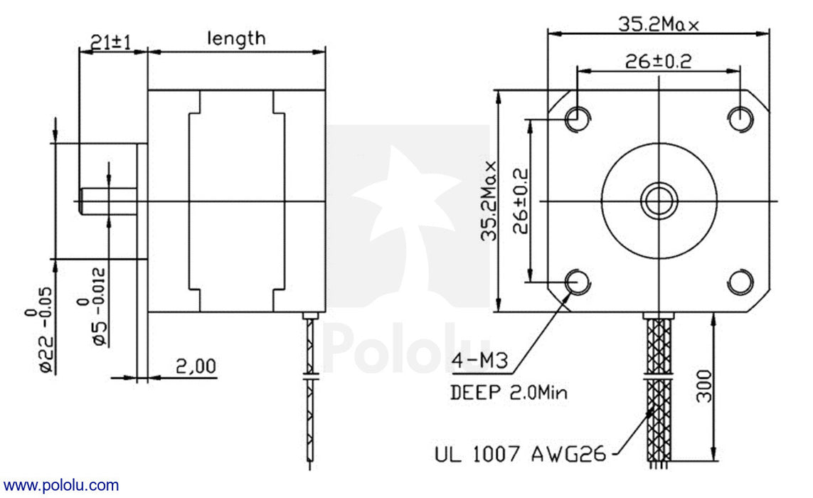 Stepper Motor: Bipolar, 200 Steps/Rev, 35×36mm, 2.7V, 1 A/Phase