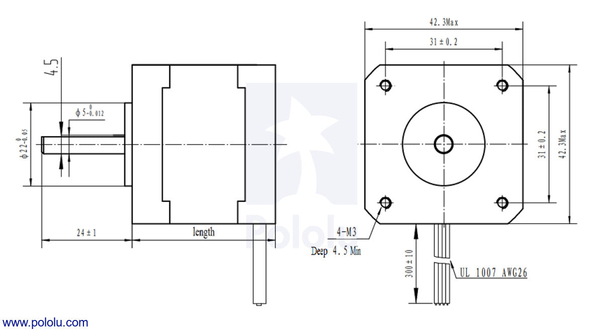 Stepper Motor: Bipolar, 200 Steps/Rev, 42×38mm, 2.8V, 1.7 A/Phase