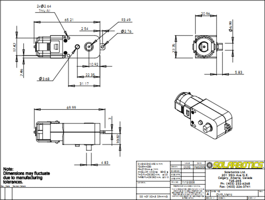 Solarbotics GM9 143:1 Gear Motor 90 deg. Output