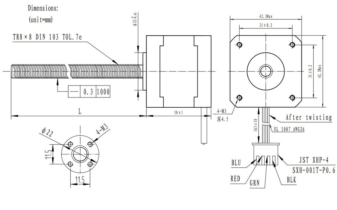 Stepper Motor with 38cm Lead Screw: Bipolar, 200 Steps/Rev, 42×38mm, 2.8V, 1.7 A/Phase