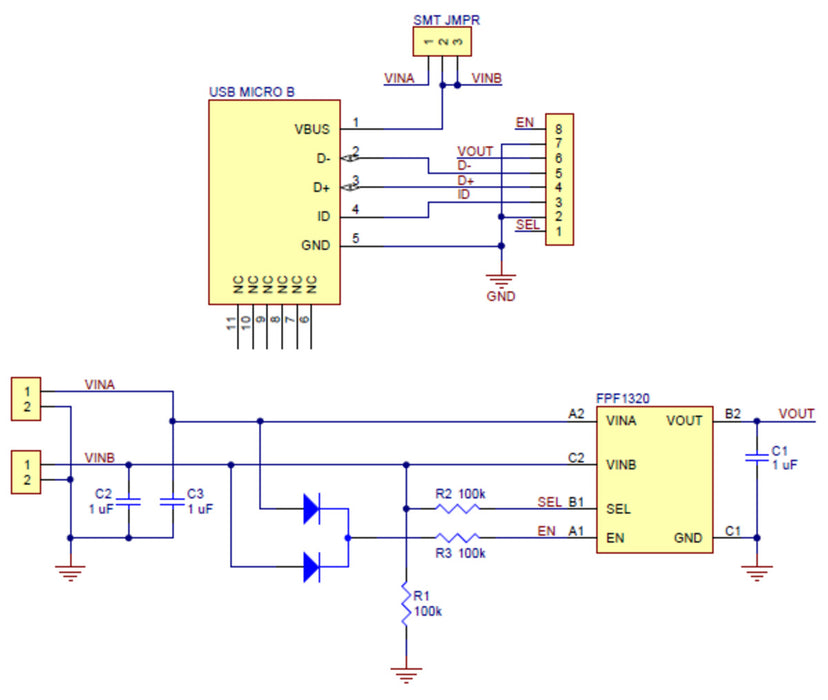 FPF1320 Power Multiplexer Carrier with USB Micro-B Connector