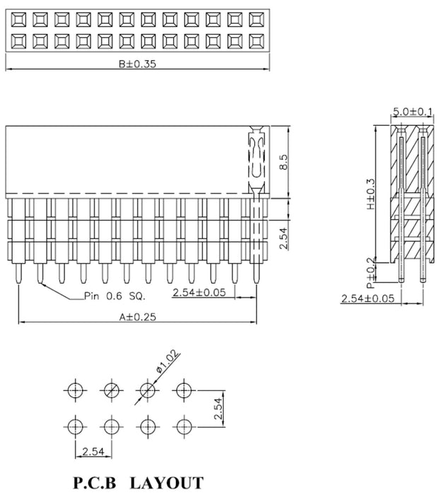 Stackable 0.100″ Female Header with Extra 0.3″ Spacer: 2x20-Pin, Straight