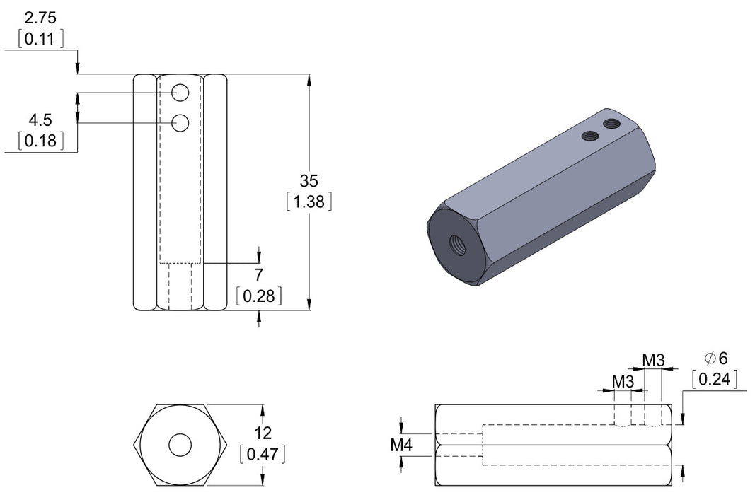 12mm Hex Wheel Adapter for 6mm Shaft, Extended (2-Pack)