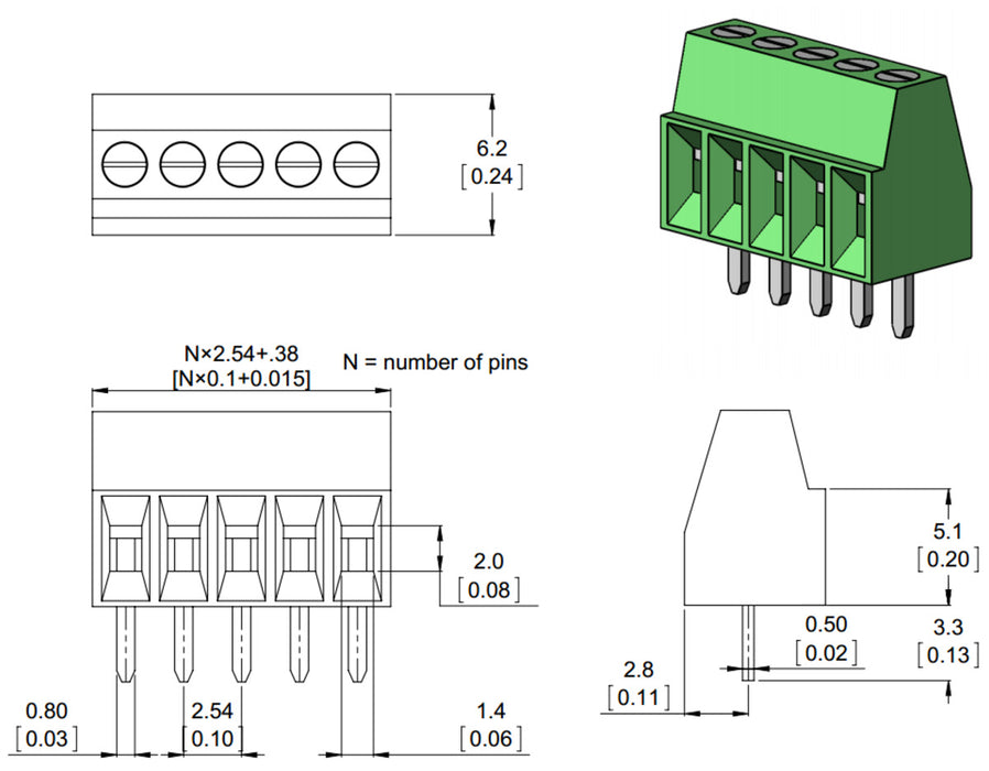 Screw Terminal Block: 4-Pin, 0.1″ Pitch, Side Entry (2-Pack)