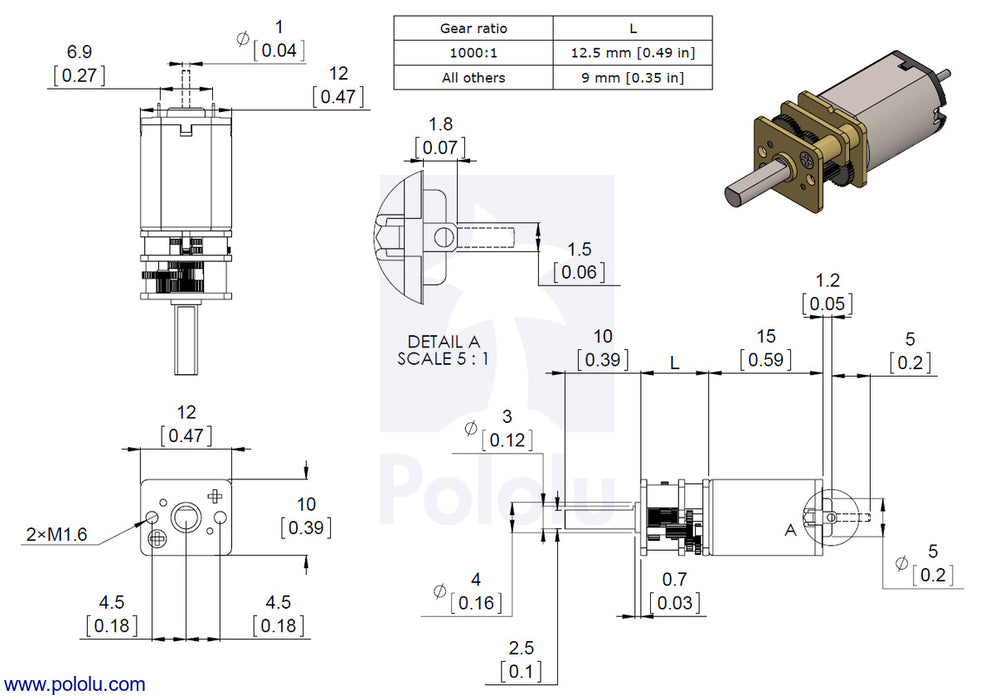 1000:1 Micro Metal Gearmotor MP 6V