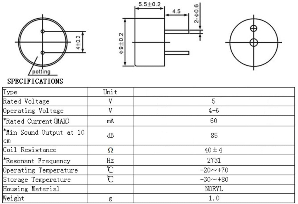 9mm Electromagnetic Buzzer: 40Ω, 4-6V, Top Opening