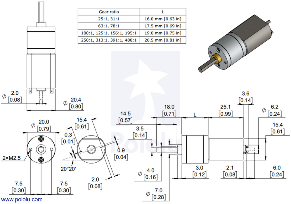 125:1 Metal Gearmotor 20Dx44L mm 6V with Extended Motor Shaft