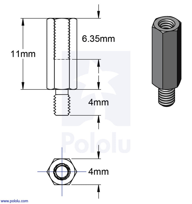 Aluminum Standoff for Raspberry Pi: 11mm Length, 4mm M2.5 Thread, MF (4-Pack)