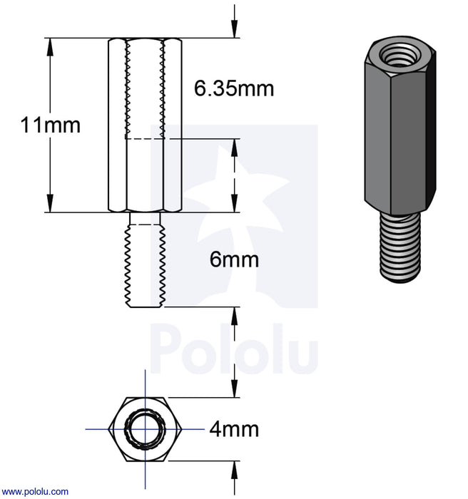 Aluminum Standoff for Raspberry Pi: 11mm Length, 6mm M2.5 Thread, MF (4-Pack)