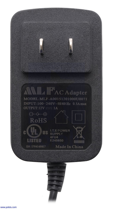 Wall Power Adapter: 12VDC, 1A, 5.5×2.1mm Barrel Jack, Center-Positive