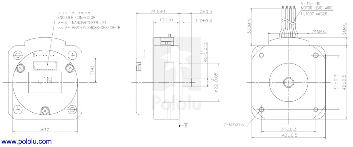 Sanyo Pancake Stepper Motor with Encoder: Bipolar, 200 Steps/Rev, 42×24.5mm, 3.5V, 1 A/Phase, 4000 CPR