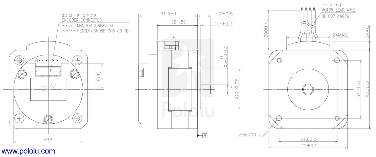 Sanyo Pancake Stepper Motor with Encoder: Bipolar, 200 Steps/Rev, 42×31.5mm, 5.4V, 1 A/Phase, 4000 CPR