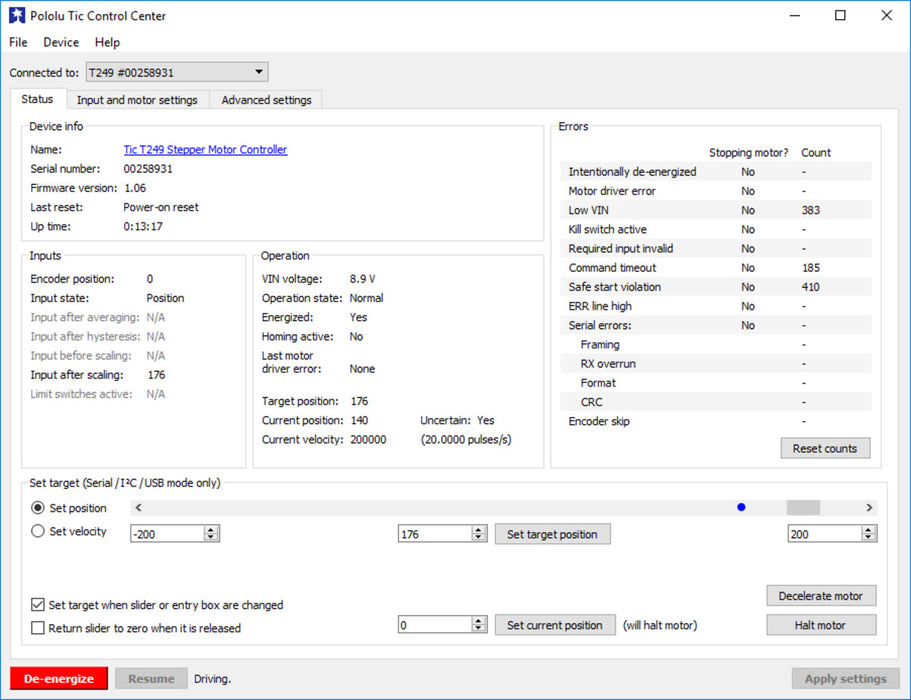 Tic T500 USB Multi-Interface Stepper Motor Controller (Connectors Soldered)