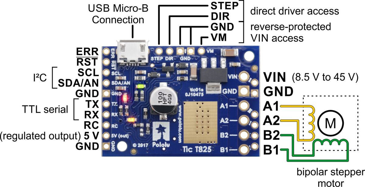 Tic T825 USB Multi-Interface Stepper Motor Controller (Connectors Soldered)