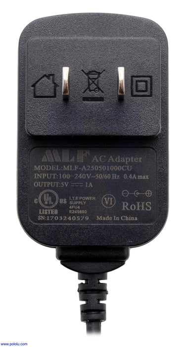 Wall Power Adapter: 5VDC, 1A, 5.5×2.1mm Barrel Jack, Center-Positive