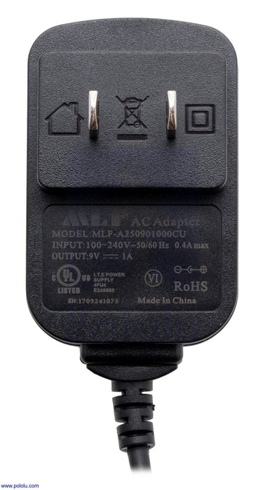 Wall Power Adapter: 9VDC, 1A, 5.5×2.1mm Barrel Jack, Center-Positive