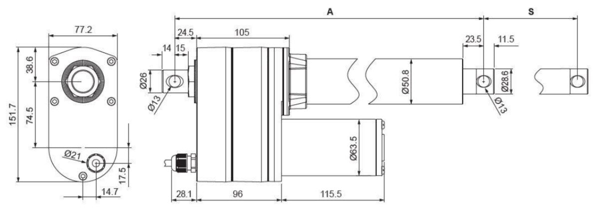 Glideforce LACT24-1000BPL Industrial-Duty Linear Actuator with Ball Screw Drive and Feedback: 450kgf, 24" Stroke (23.5" Usable), 0.66"/s, 12V