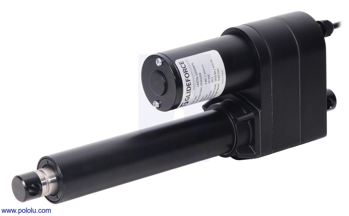 Glideforce LACT6-1000BPL Industrial-Duty Linear Actuator with Ball Screw Drive and Feedback: 450kgf, 6" Stroke (4.8" Usable), 0.66"/s, 12V