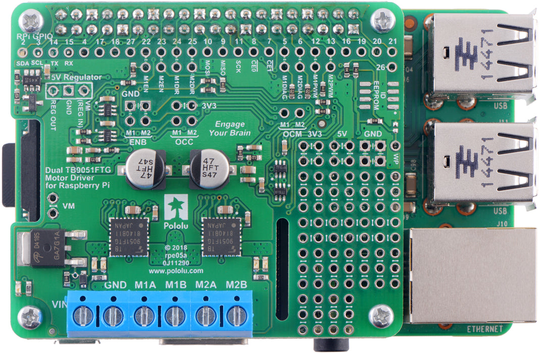 Dual TB9051FTG Motor Driver for Raspberry Pi (Partial Kit)