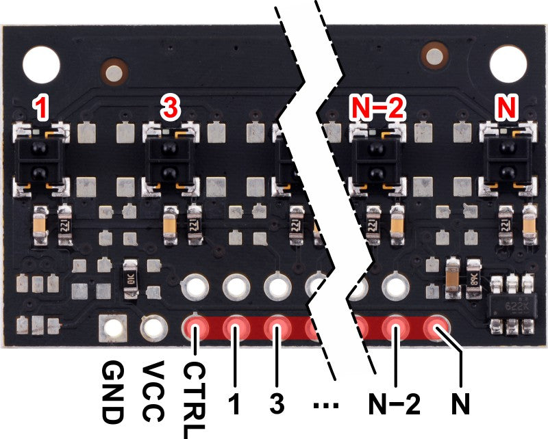 QTRX-MD-07RC Reflectance Sensor Array: 7-Channel, 8mm Pitch, RC Output, Low Current