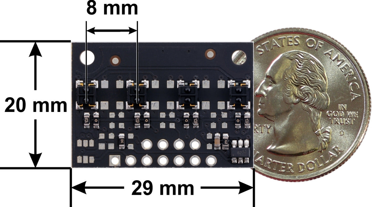 QTRX-MD-04A Reflectance Sensor Array: 4-Channel, 8mm Pitch, Analog Output, Low Current