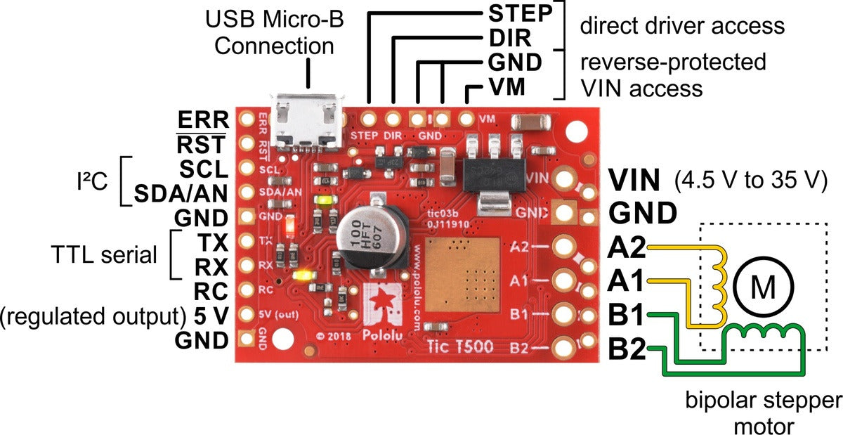 Tic T500 USB Multi-Interface Stepper Motor Controller (Connectors Soldered)