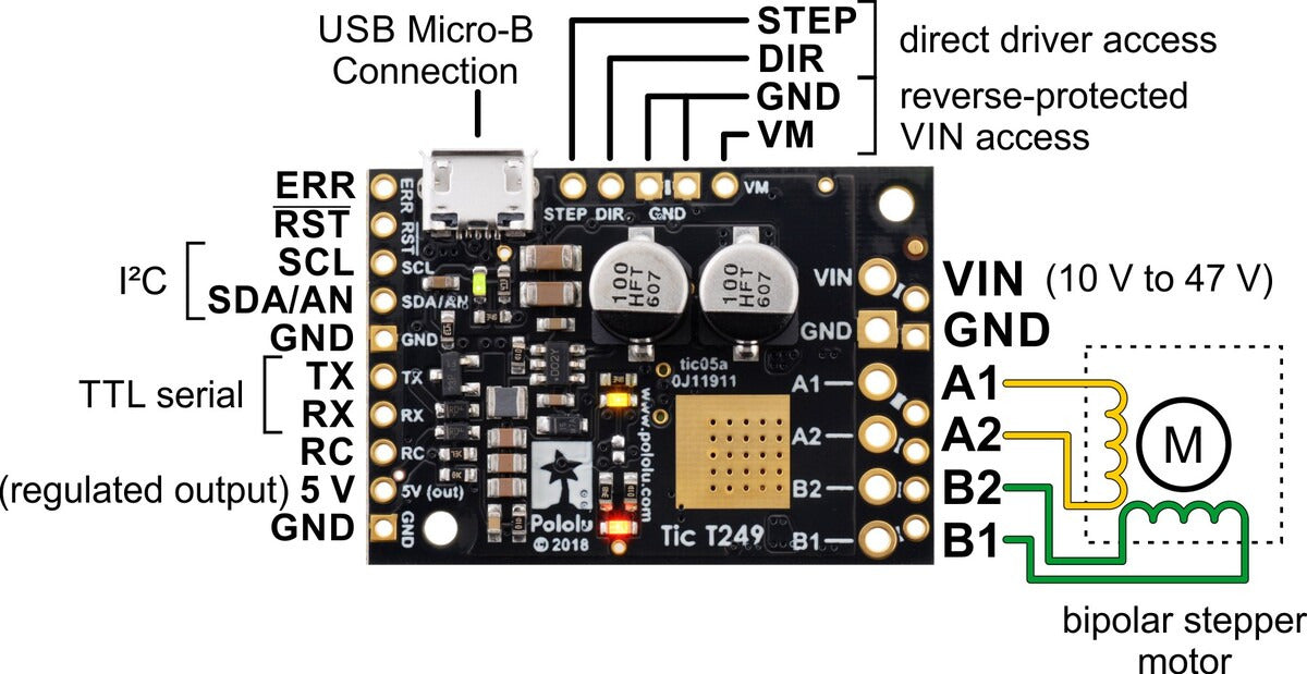 Tic T249 USB Multi-Interface Stepper Motor Controller (Connectors Soldered)