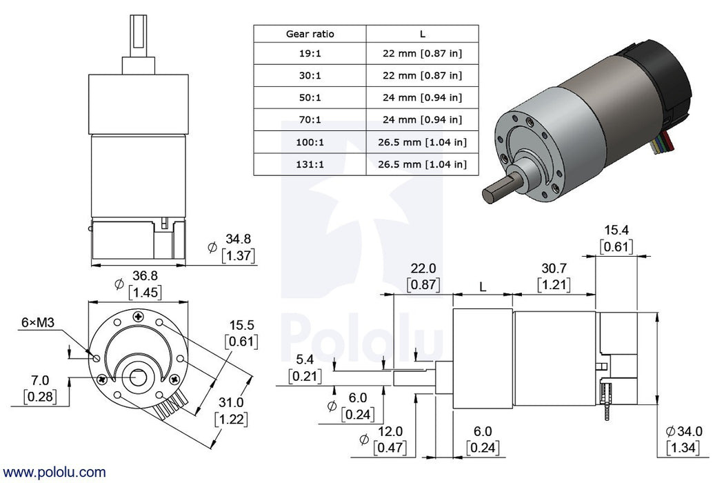 4756 - 131:1 Metal Gearmotor 37Dx73L mm with 64 CPR Encoder (Helical Pinion)