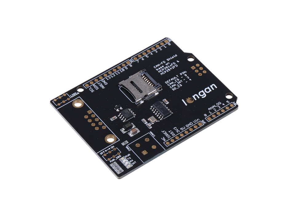 CAN FD Shield for Arduino - CAN-FD, CAN 2.0, industrial standard 9-pin sub-D, high-speed SPI interface, selectable OBD-II and CAN standard pinouts, adjustable chip select and INT pins