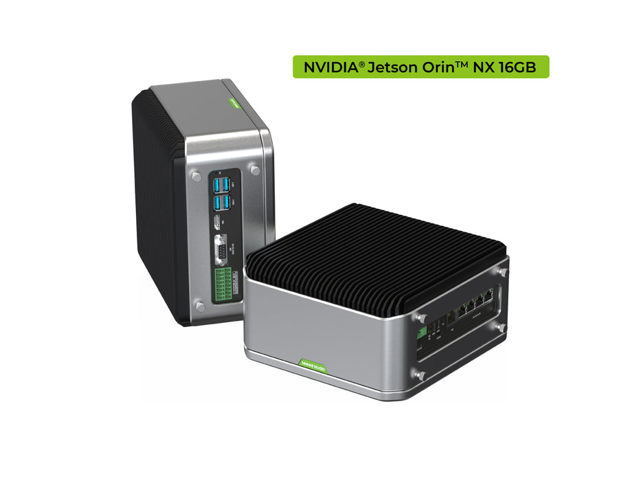 reServer Industrial J4012- Fanless AI-enabled NVR Server with NVIDIA Jetson Orin  NX 16GB module,  Aluminum case with passive cooling, 5xRJ45 GbE with PoE, 2x Drive bays for 2.5" HDD/SSD, 1xRS232/RS422/RS485, 4xDI/DO, 1xCAN, Pre-installed JetPack System