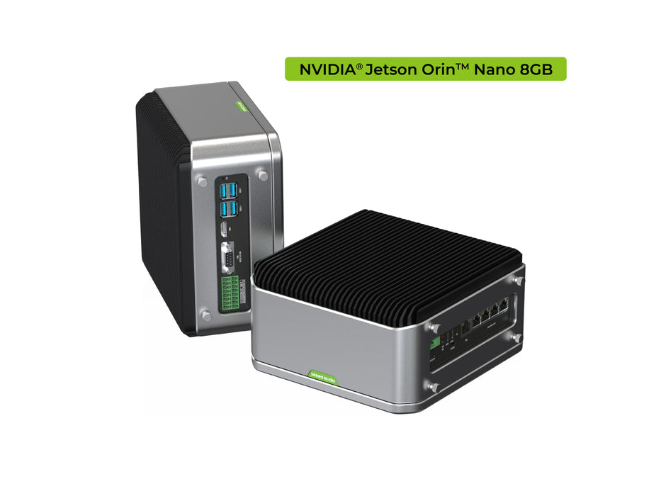 reServer Industrial J3011- Fanless AI-enabled NVR Server with NVIDIA Jetson Orin  Nano 8GB module,  Aluminum case with passive cooling, 5xRJ45 GbE with PoE, 2x Drive bays for 2.5" HDD/SSD, 1xRS232/RS422/RS485, 4xDI/DO, 1xCAN, Pre-installed JetPack System