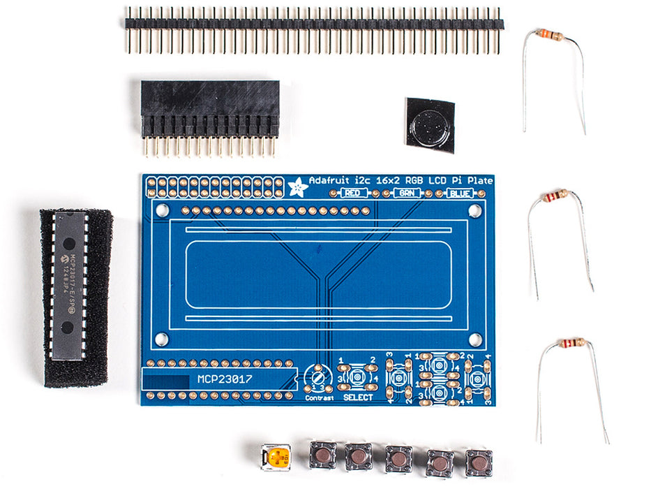 Top down view of a Adafruit RGB Negative 16x2 LCD+Keypad Kit for Raspberry Pi with Red background. 