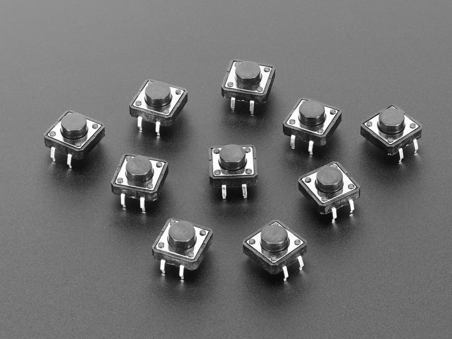 Angled shot of 10 12mm square tactile switch buttons.