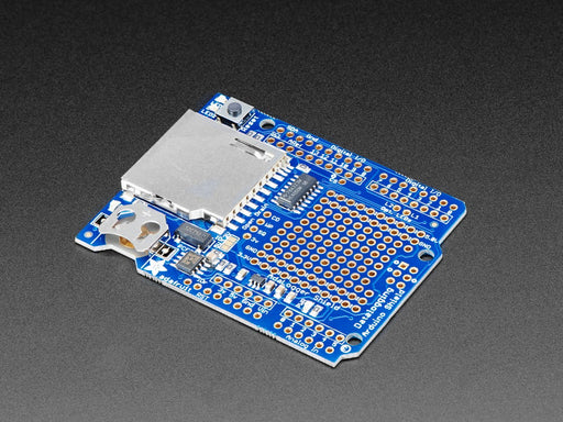 Angled shot of a Adafruit Assembled Data Logging shield connected to an Arduino.