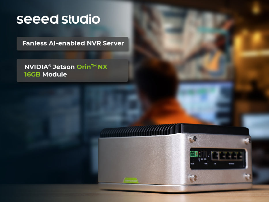 reServer Industrial J4012- Fanless AI-enabled NVR Server with NVIDIA Jetson Orin  NX 16GB module,  Aluminum case with passive cooling, 5xRJ45 GbE with PoE, 2x Drive bays for 2.5" HDD/SSD, 1xRS232/RS422/RS485, 4xDI/DO, 1xCAN, Pre-installed JetPack System